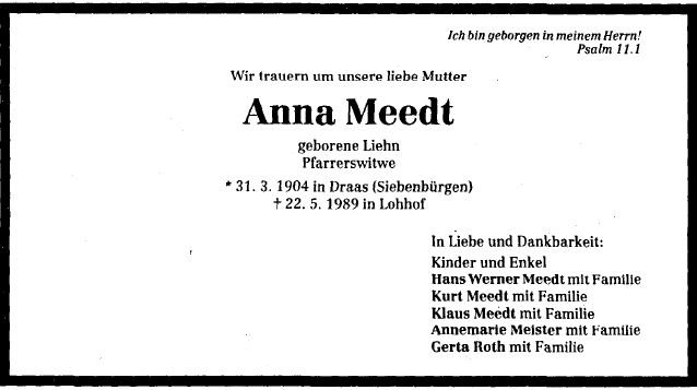 Liehn Anna Meedt 1904-1989 Todesanzeige